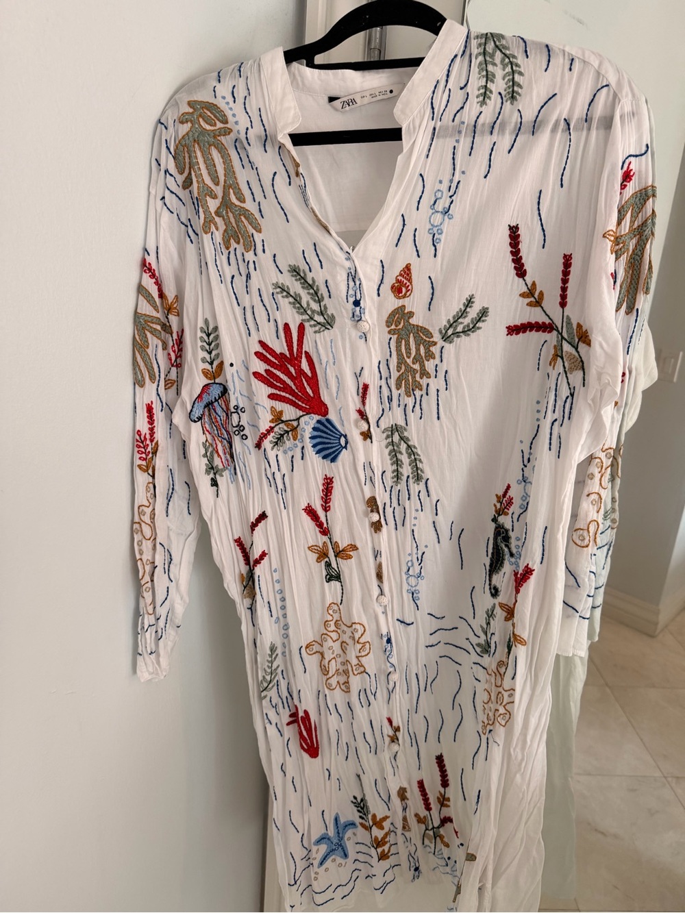 Zara White Embroidered Sea Life Shirt Dress